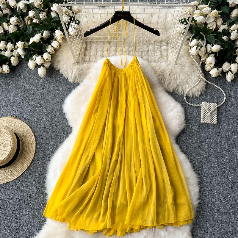 French Minority Dress Women's Summer Outing Wear Seaside Vacation Style Sleeveless Halter Open Back Chiffon Fairy Dress
