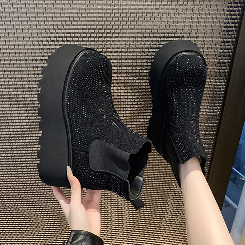 Quality Crystal Platform Ankle Boots Women's High Heels Luxury Shoes Winter Fad Elegant Chelsea Boots New Dress Cozy Mujer Botas