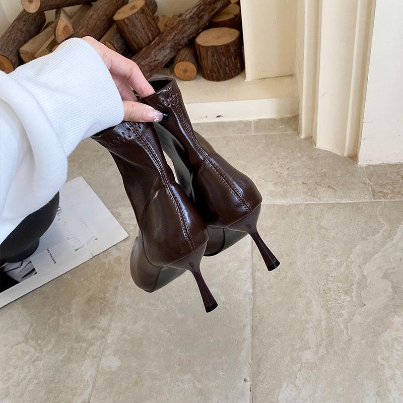 Fashion Fashion Elastic Women Ankle Stretch Boots With Heels Female Slip On Shoes Pointed Toe Ladies Short Modern Boots Pumps Lady