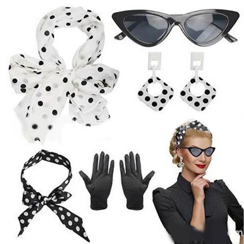 1950s Costume Accessories 50s Scarf,Cats Eye Glasses,Bandana Tie Headband,Drop Dot Earrings Halloween Cosplay Costumes