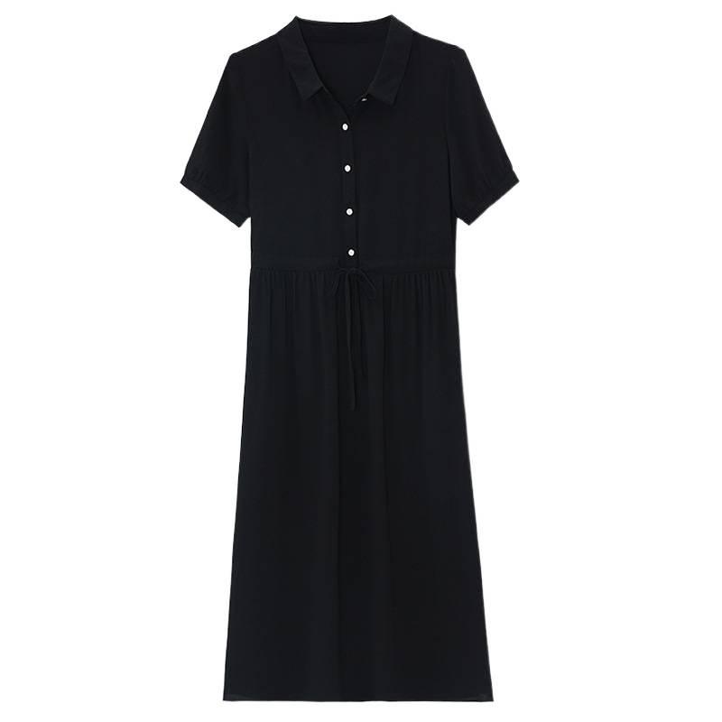 Hepburn-Style Black Chiffon Shirt Dress - Slimming Waist, Elegant Long Skirt for Women