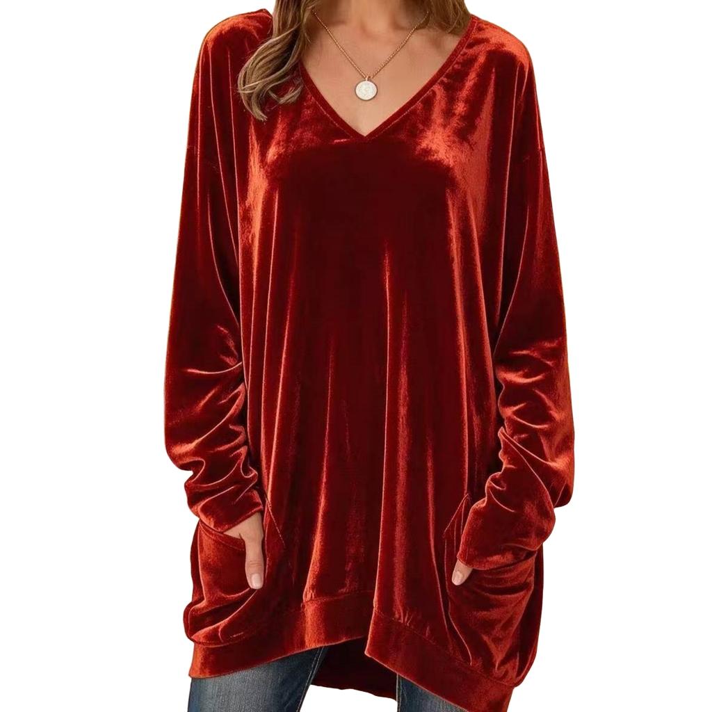 Women's Long Sleeve V Neck Top with Pockets Casual Basic Shirt for Everyday Wear