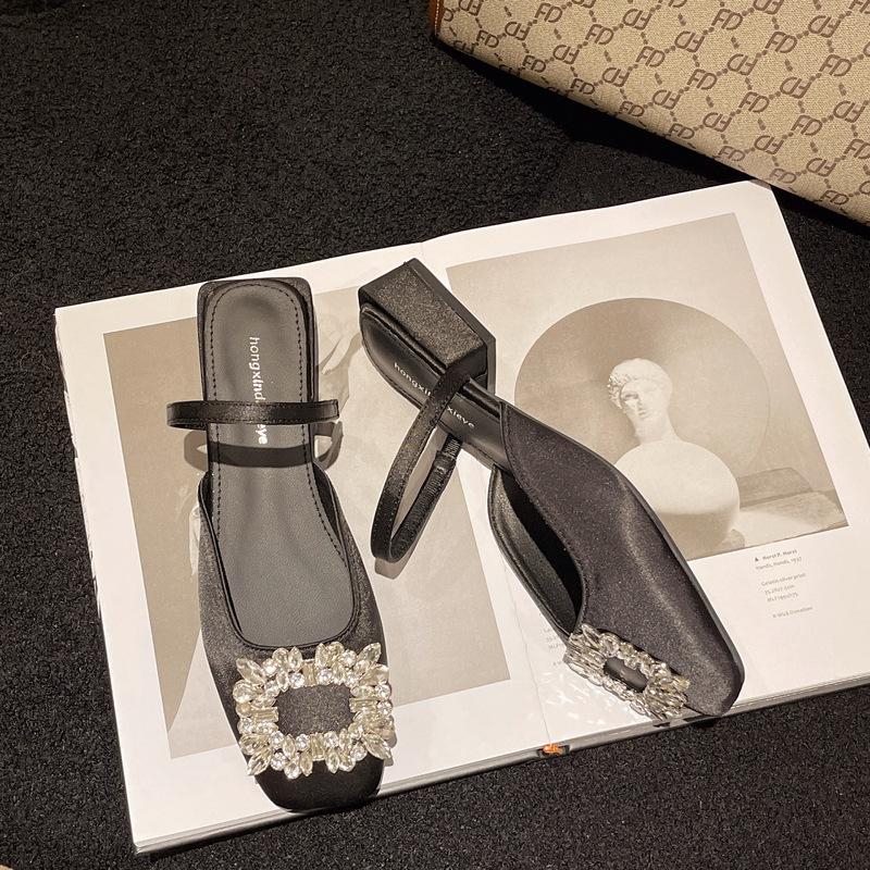 Baotou Half Slippers Women's Summer Wear Silver Rhinestone Sandals 3 Cm Small Heel Thick Heel Square Head Mueller French Sandals