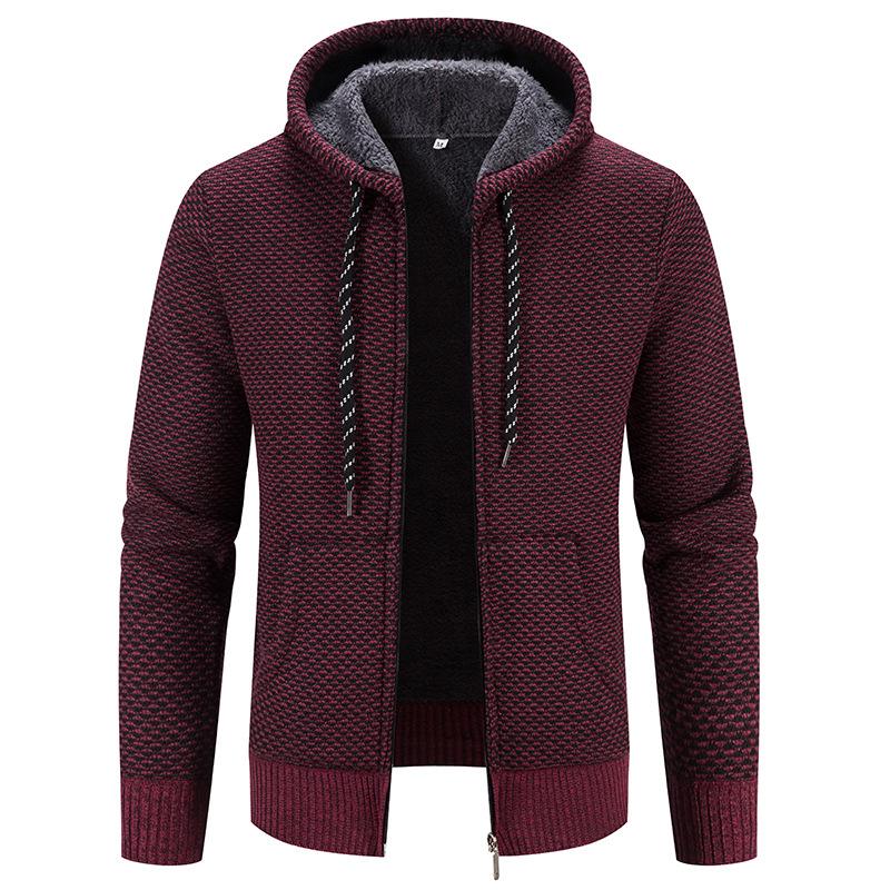 Men’s Hooded Knit Cardigan: Thick Velvet, Solid Color Winter Sweater Jacket