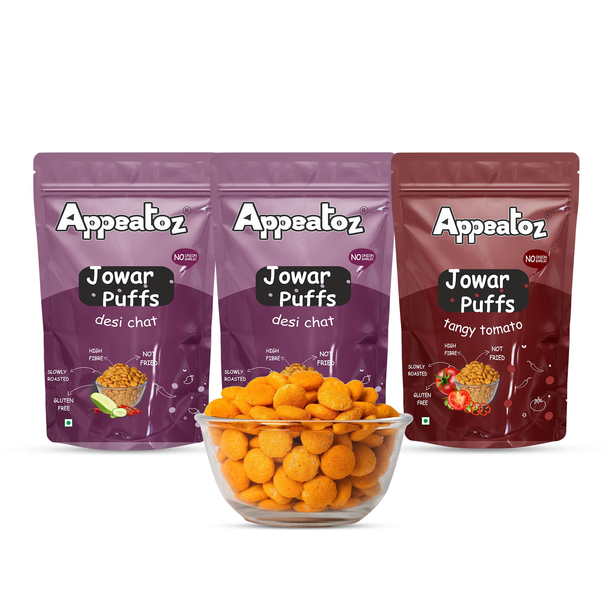 

Appeatoz Jowar Puffs - Tangy Tomato, Desi Chat | Roasted, Not Fried | Gluten-Free Grain Snack | High Protein | No Added Sugar | Healthy Snack for