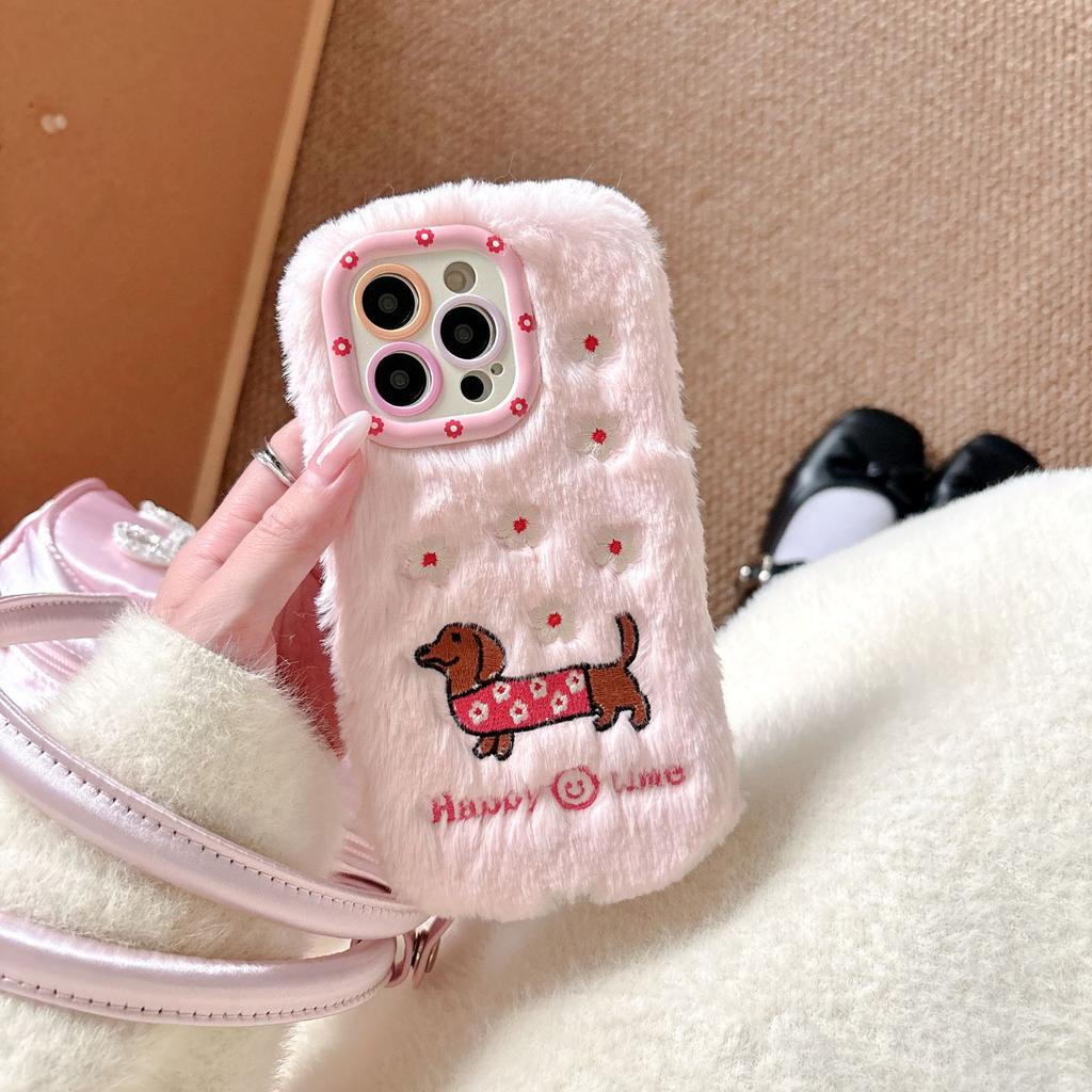 Autumn and Winter Plush Dachshund Mobile Phone Case for Apple 16PROMAX Trend 15 Fine Hole 13 Lens Holder 11