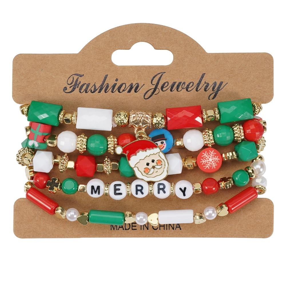 5Pcs Snowman Christmas Bracelet Multi-Layer Stacking Rope Chain Bangle Beaded Bracelet  Gifts