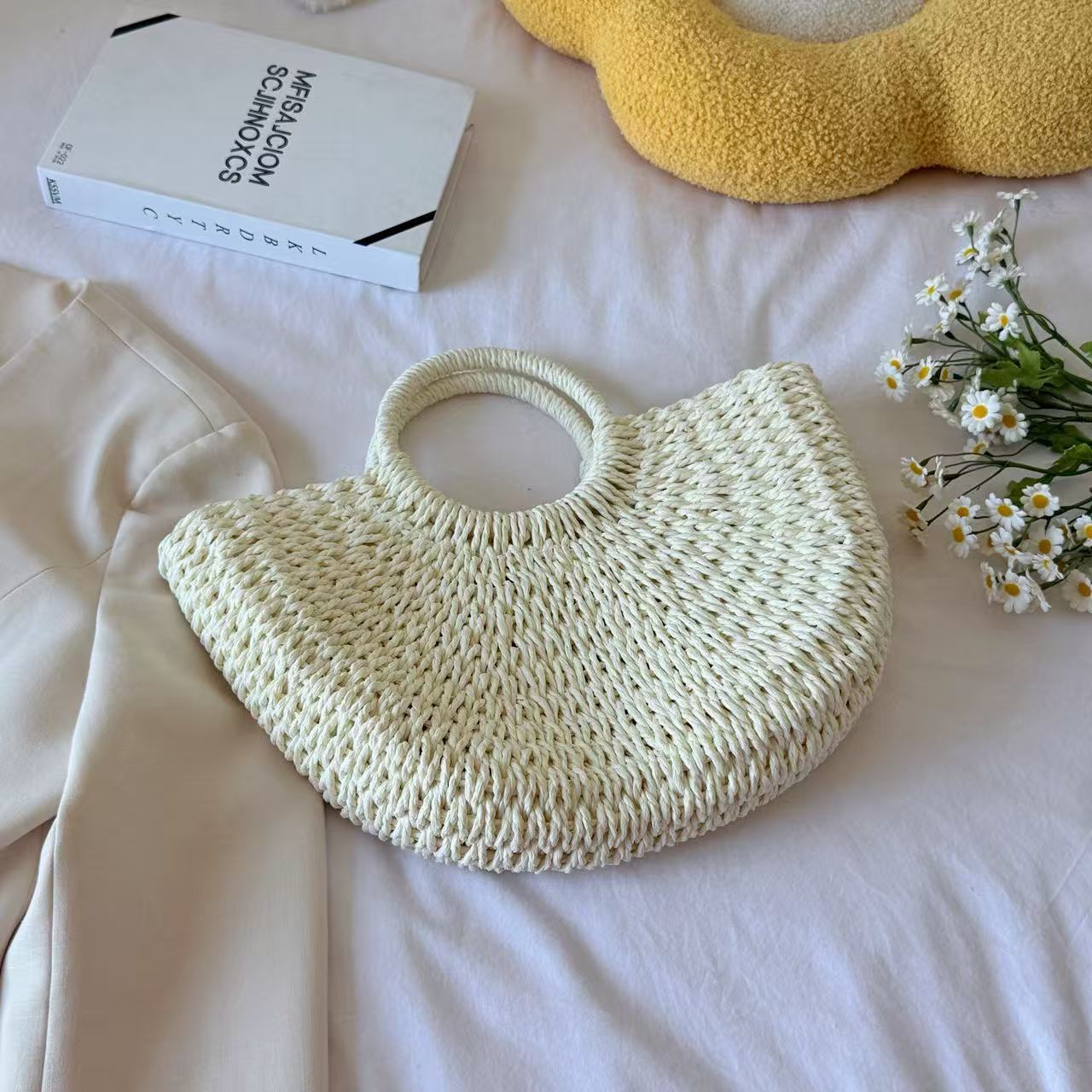 Стильная плетёная сумка ручной работы, однотонная большая ретро пляжная портативная сумка-тоут для женщин белый