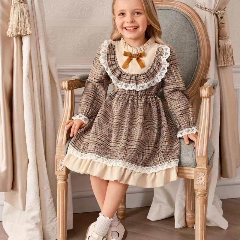 Girls New Dress Baby College Stylishly Princess Children Lolita Plaid Long Sleeve British Style Dress