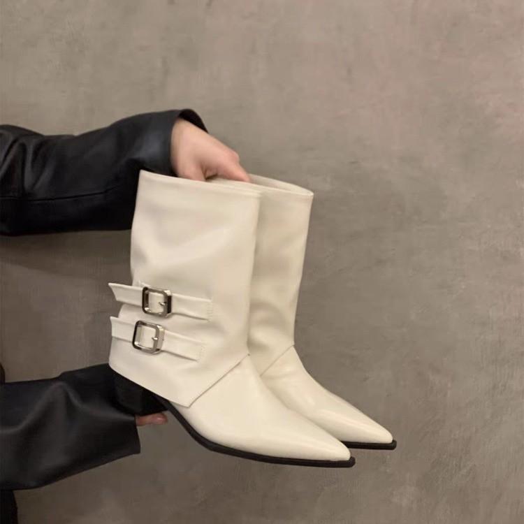 

Остроносые коричневые туфли на высоком каблуке, женские ботильоны 2025, новые весенне-осенние одинарные сапоги, ретро, с пряжкой-ремнем, средней высоты, сапоги-трубы для брюк 40