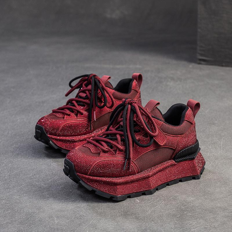 Mode 5,5CM Mode Damen Atmungsaktive Air Mesh Schuhe 2025 Sommer Dicke Sohle Plateau Lässige Sneaker Glänzender Strass Runde Zehenschuhe