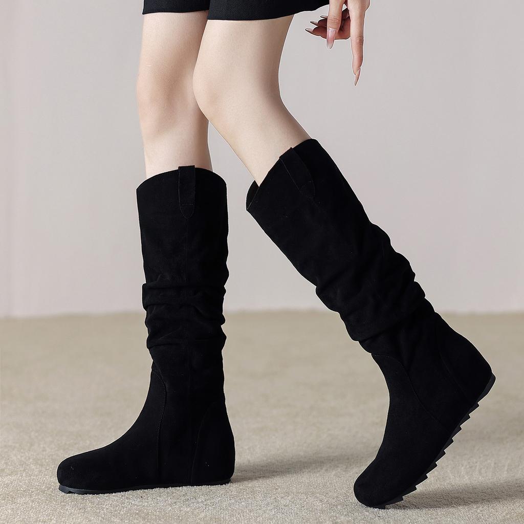 Sheepskin Version 9203-1 Small Round Head Pleated Boots Women's 2025 Autumn and Winter New Temperament Retro Stacking Boots