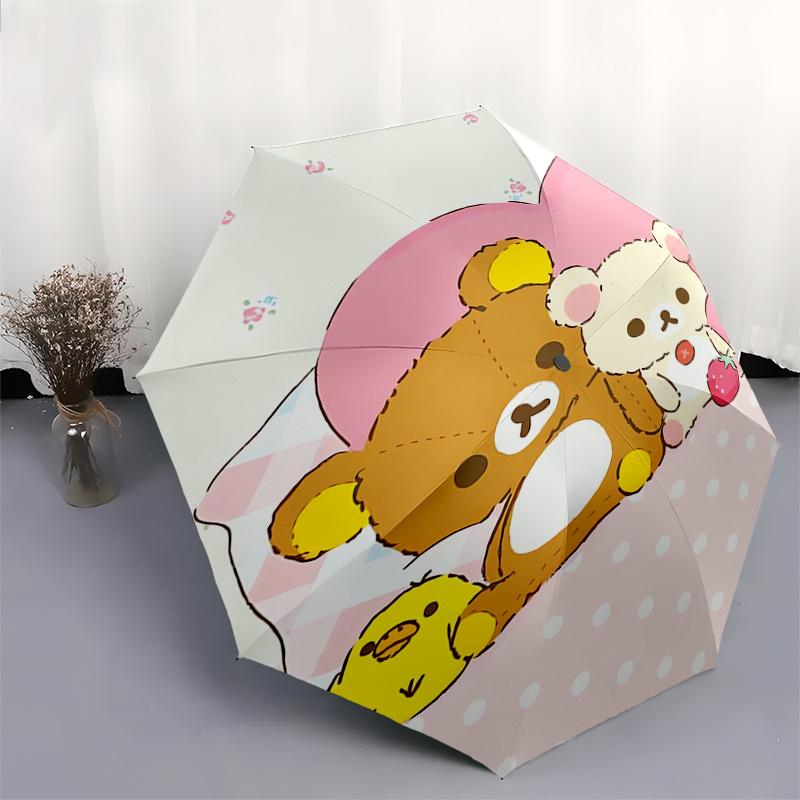 Rilakkuma,Bear Friends Automatic Folding Umbrella Simple 8 Rib Design, Bright Cartoon Pattern, Durable Iron Frame, Suitable For Travel, Outd