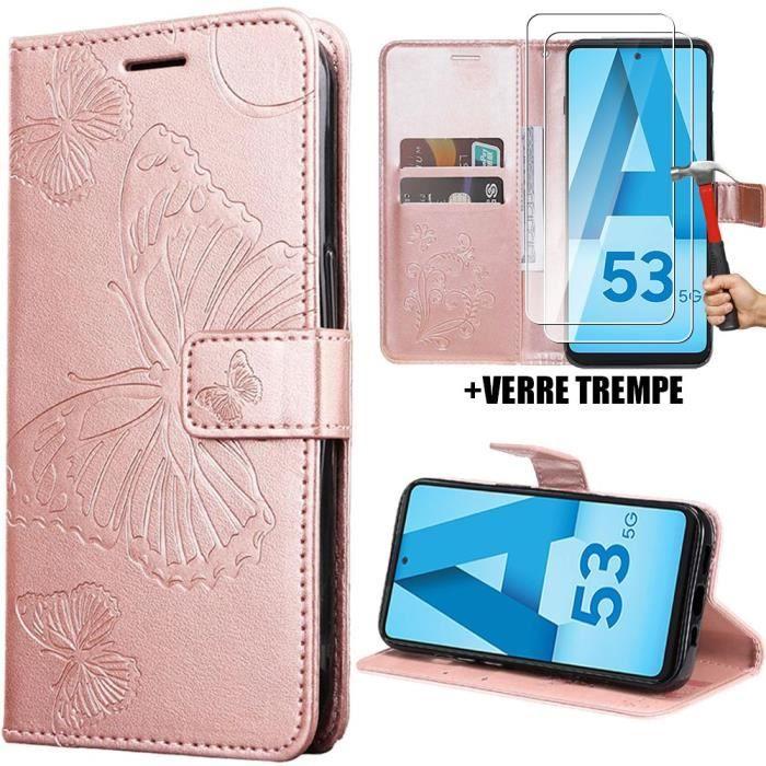Coque - Samsung - Galaxy A53 5G - Rose - Motif Papillon - Antichoc Synthécuir