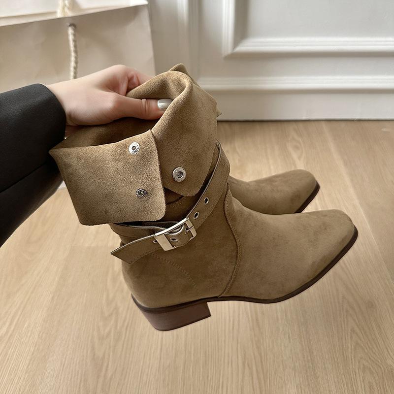 

Coarse heel suede medium boots women s pile boots 2025 autumn and winter new Spice Girl retro pointed square heel western cowboy boots 40 хаки