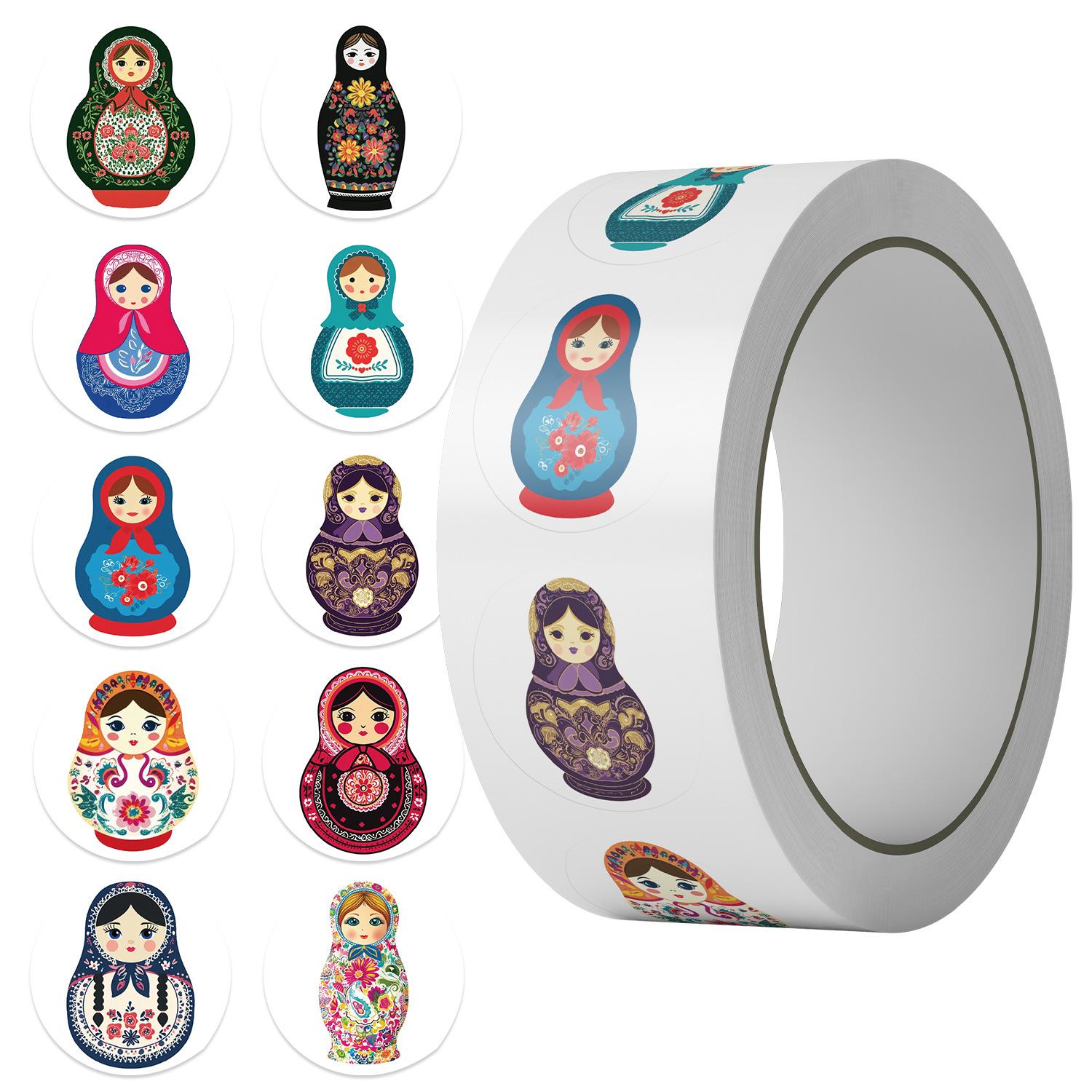 

500 картинок/рулон Рулонная лента-наклейка Горячая точка Мультяшная русская матрешка Материал для блокнота Декоративный рот конверта