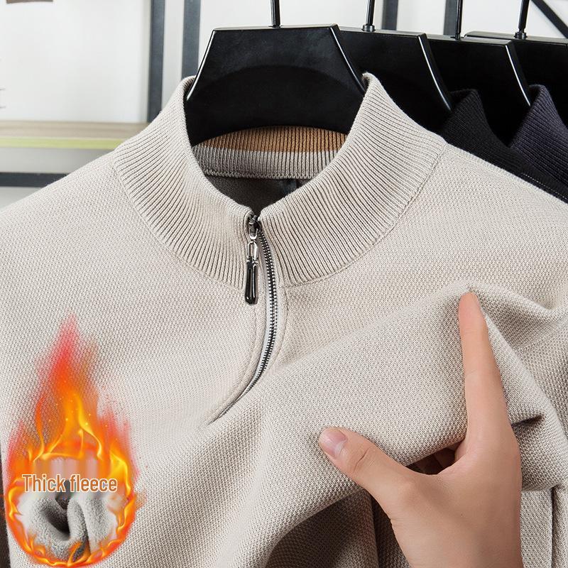 

Men s Half-Zip Lyocell-Wool Sweater with Fleece, Thick and Warm, New Autumn/Winter Style, Stand Collar Knitwear. L брудно-білий