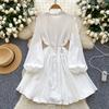 Women's Spring Autumn Loose Casual Dress Metal Chain Waist French Style Long Lantern Sleeves Elegant Shirt Dresses