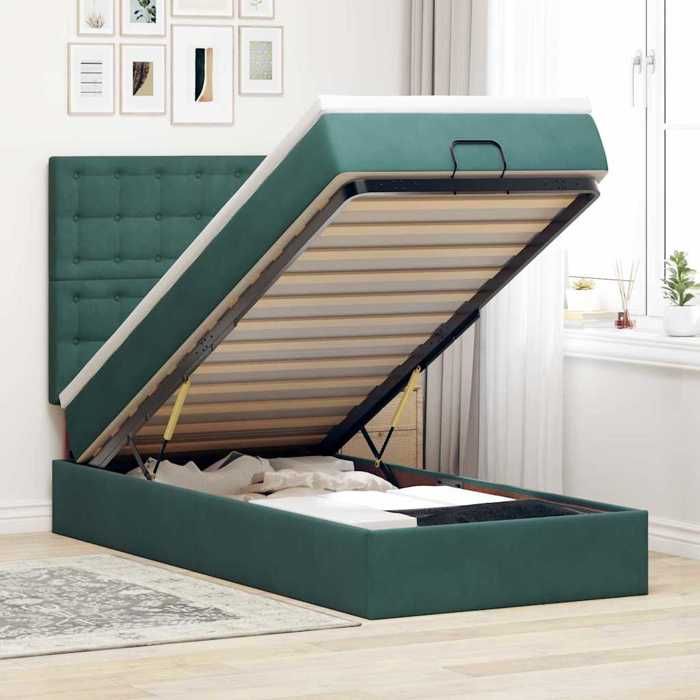 VidaXL Ottoman Bed Frame with Dark Green Mattress 90x200 Cm Velvet, Bed Frame, Upholstered Bed Frame, Bed Frame 3313592