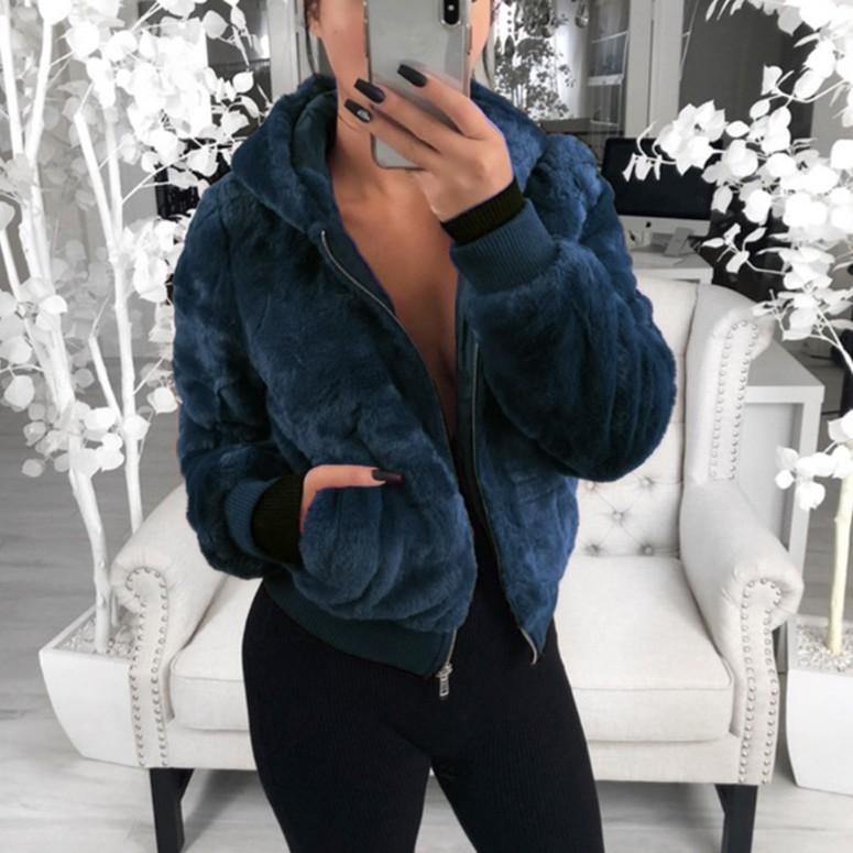 Autumn and Winter Women's Hooded Rabbit Fur Faux Fur Plush Coat