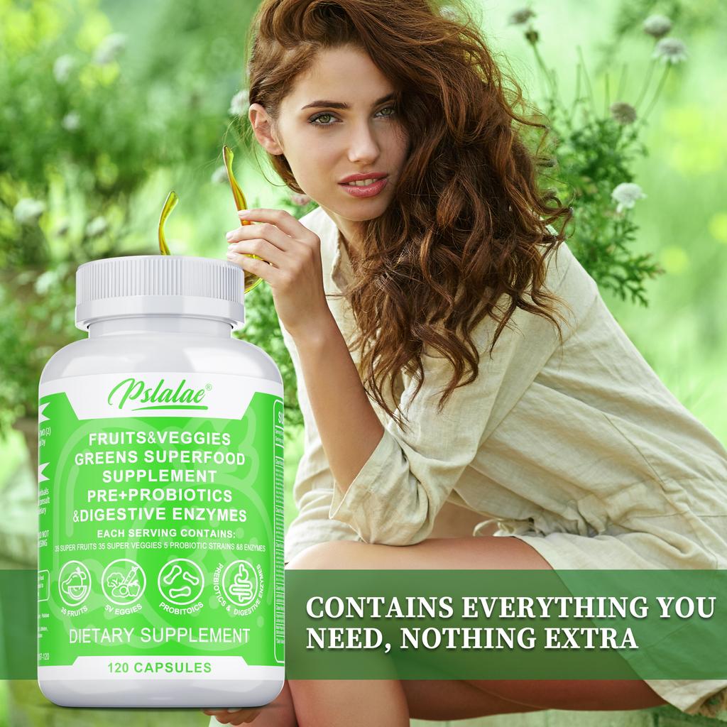 Natural fruit and vegetable blend capsules; supports gut health, aids digestion, boosts immunity; suitable for adults.