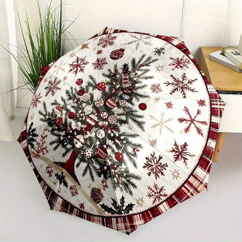 1pc Christmas Tree Skirt with Plaid Border Umbrella with Plastic Handle,Suitable for All Seasons Home Travel Outdoor UmbrellaB1678