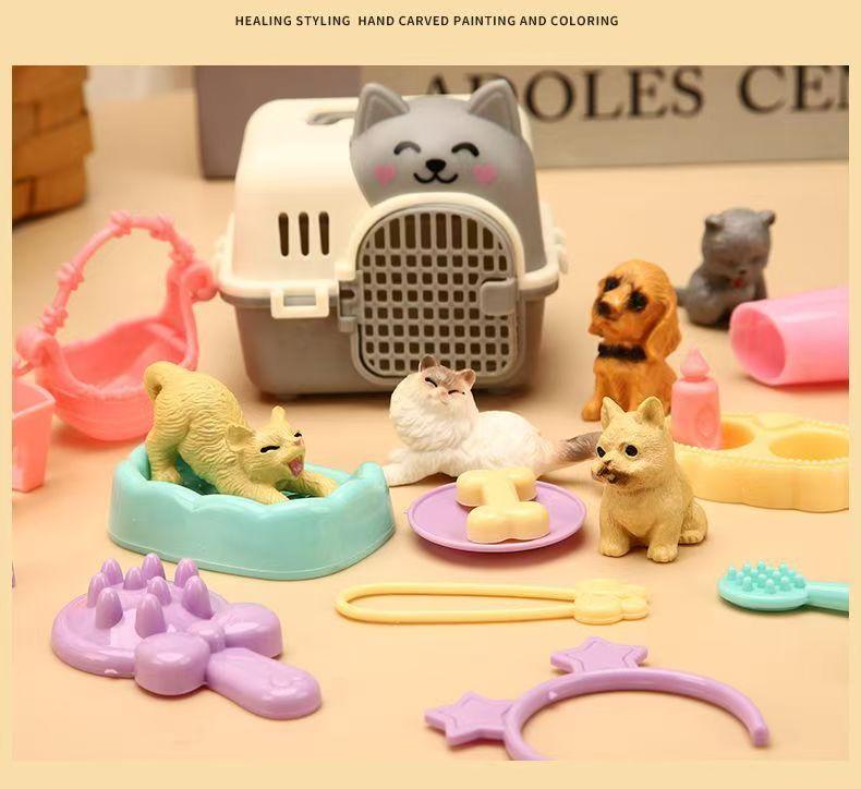 Mini-Tierkatze-Hund-Figur Spielset, Rollenspiel-Tierpflege-Spielzeugset mit Käfig-Futterzubehör für Kinder