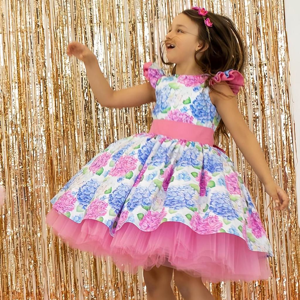 Girl's Holiday Formal Dress with Bowknot Headdress, Printed Christmas Baby Dress