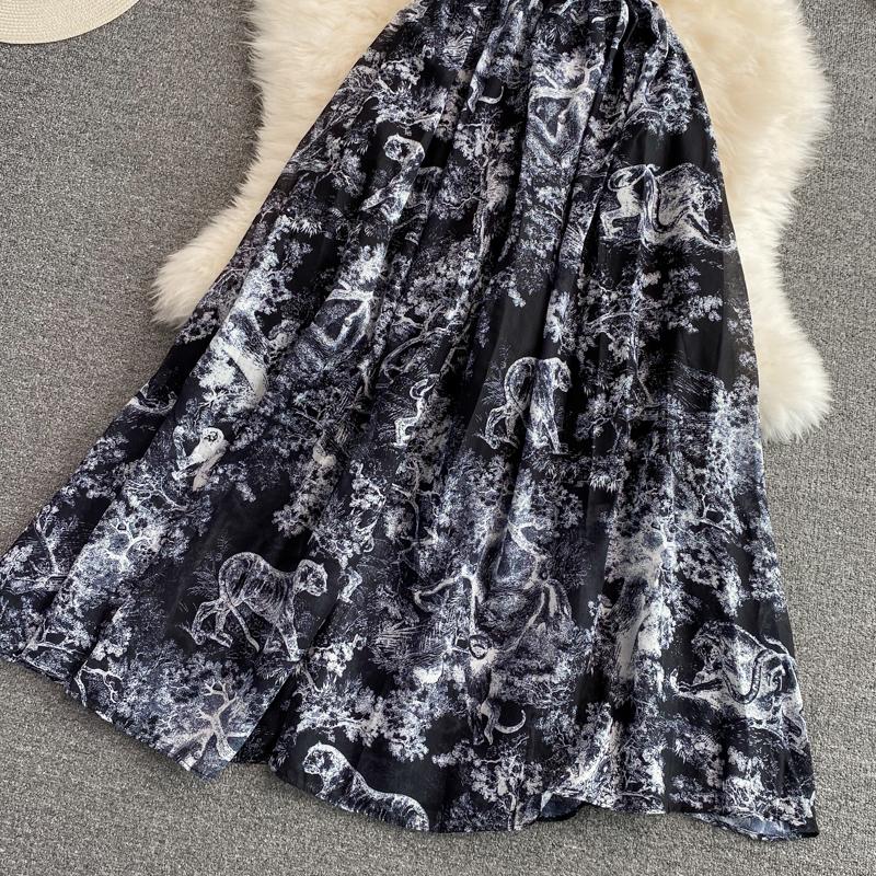 RUGOD 2022 Sommer Ny Revers Kortermet Lett Velkjent Stil Over-kneet Retro Print Kjole Elegant Midje og Stor Sving Lang Kjole