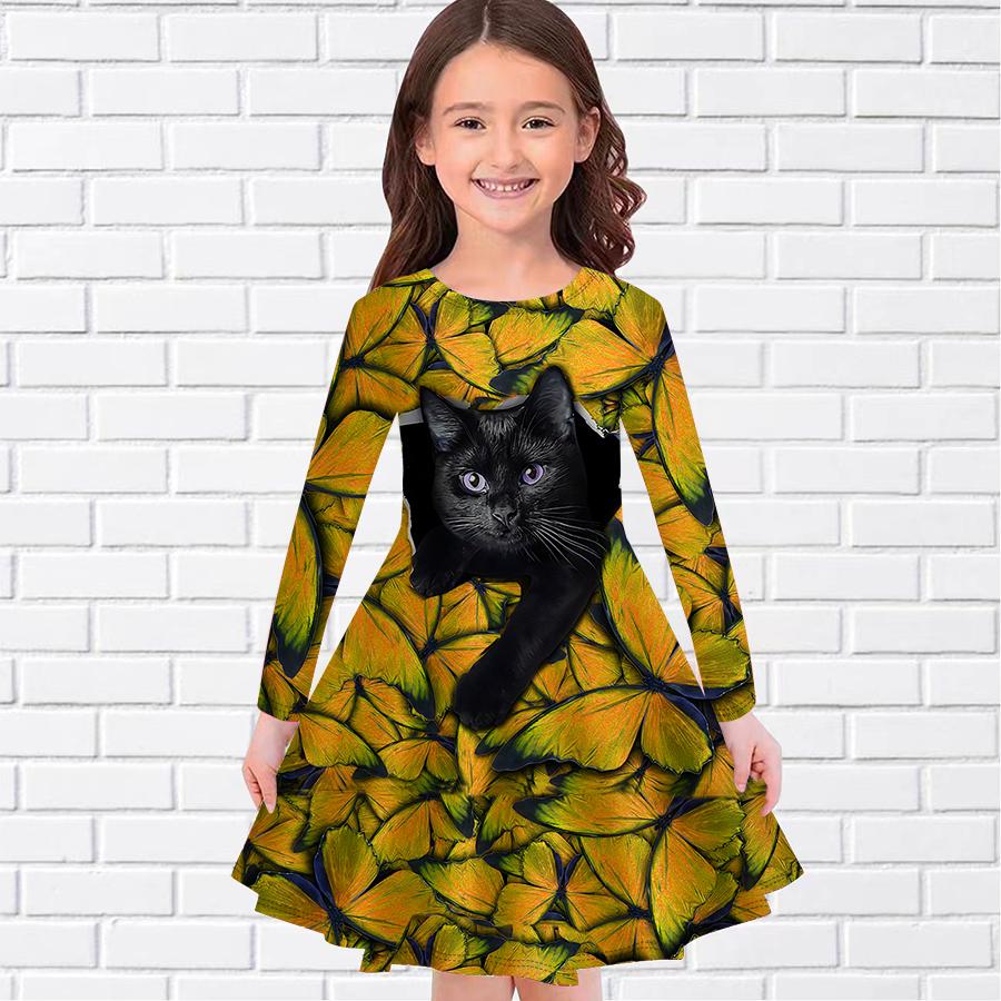 Fata ocazional pisica neagra imprimeu fluture rochie cu gat rotund cu maneca lunga rochie printesa copii