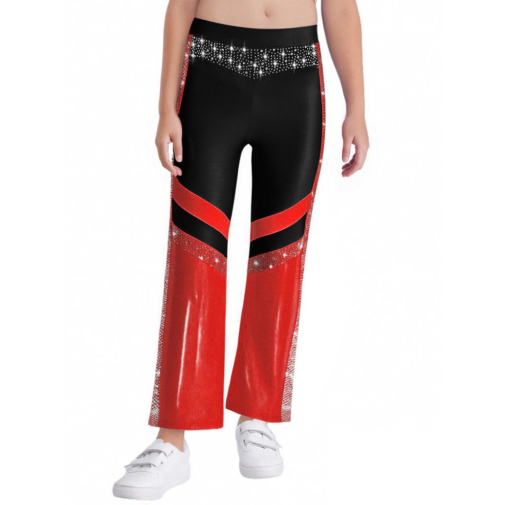 Dívčí gymnastický akrobatický taneční kostým Lesklé kamínky Zvonové kalhoty Elastický pas Barevný blok Kalhoty se zvonovými nohavicemi