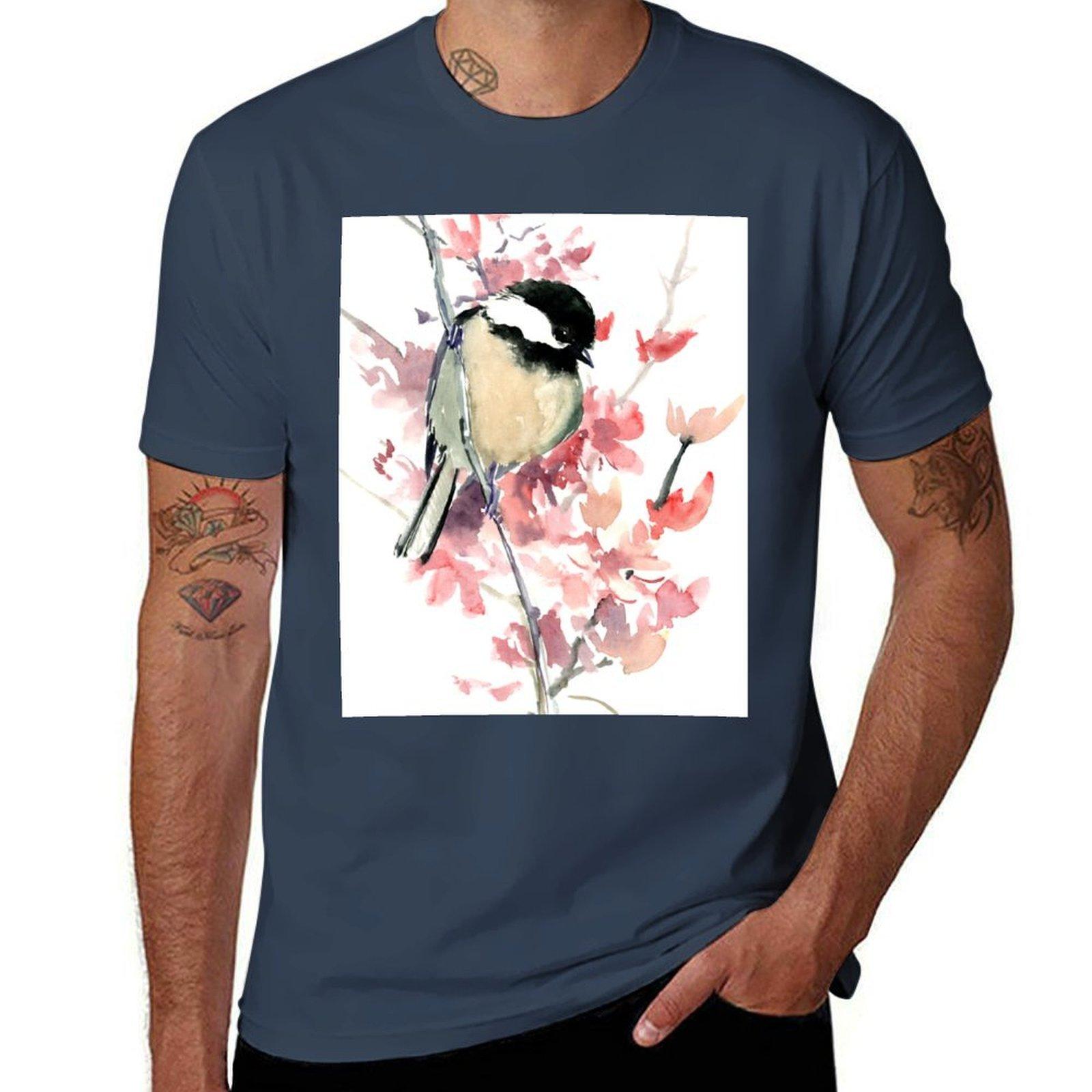 Chickadee And Cherry Blossom Tshirt Trendy Print Short Sleeve Tshirt S