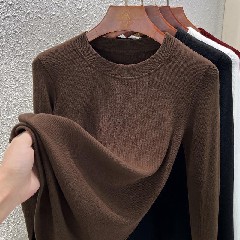 

Long-sleeved shirt for women s summer wear Merino wool round neck waist slim-fitting bottoming shirt XXXL темно-коричневого