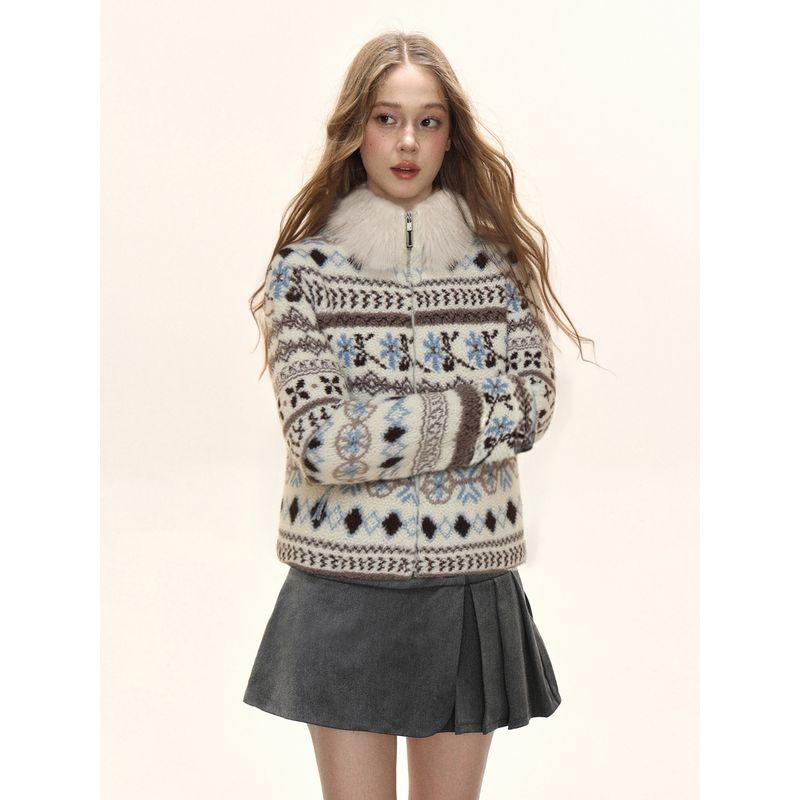 Shiyiyue Fair Isle Fur Collar Coat for Women, Autumn and Winter Vintage Loose Furry Thickened Slimming Warm Top