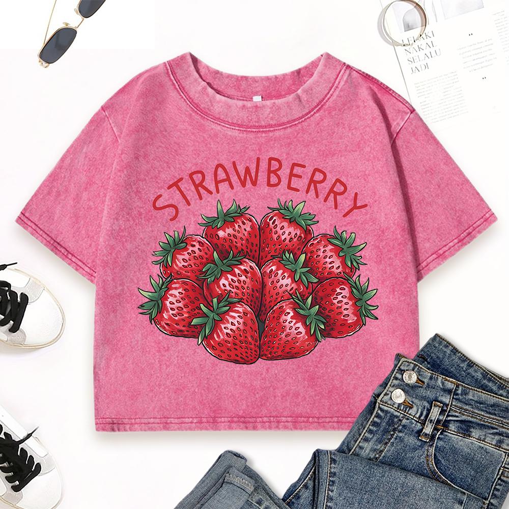 Tempting Fresh Strawberries Print Washed T Shirts Women Summer Casual Short Sleeve Cotton T-Shirt T Shirts