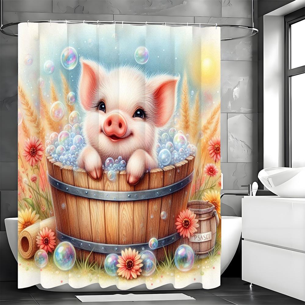 Farmhouse Pig Bath Time Shower Curtain Washable Dirt-Resistant Shower Head waterproof Polyester Bath Curtain For Home Decor