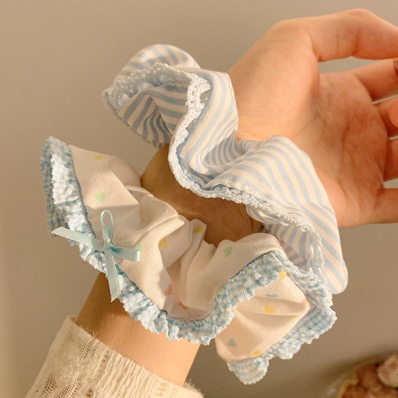 Large Korean-Style Blue Bow Lace Scrunchie Hair Accessory