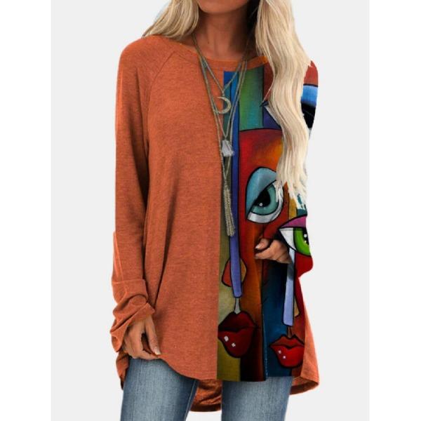 Round Neck 3D Ethnic Style Printed Top Fashionable Casual Long Sleeved Women's T-shirts