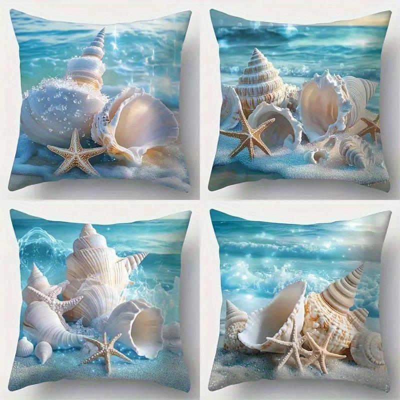 4 Stück Muschel Kissenbezug Seestern Ozean Strand Bedruckter Kissenbezug Polyester Heimdeko Sofa Wohnzimmer 2D Flach