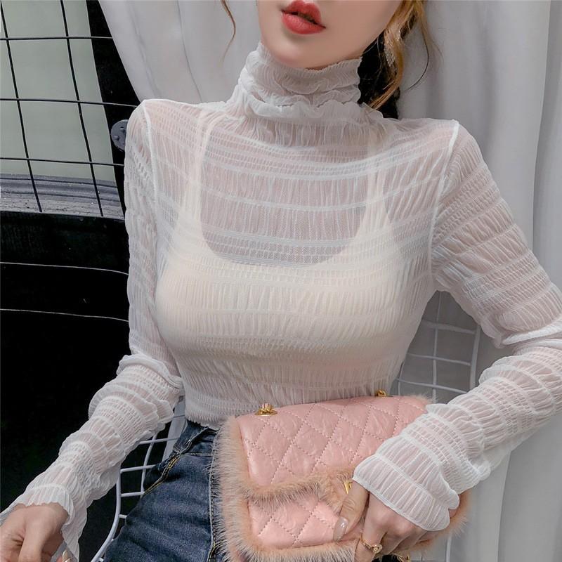 Mesh Top Slim Perspective Long Sleeve Turtleneck Shirt