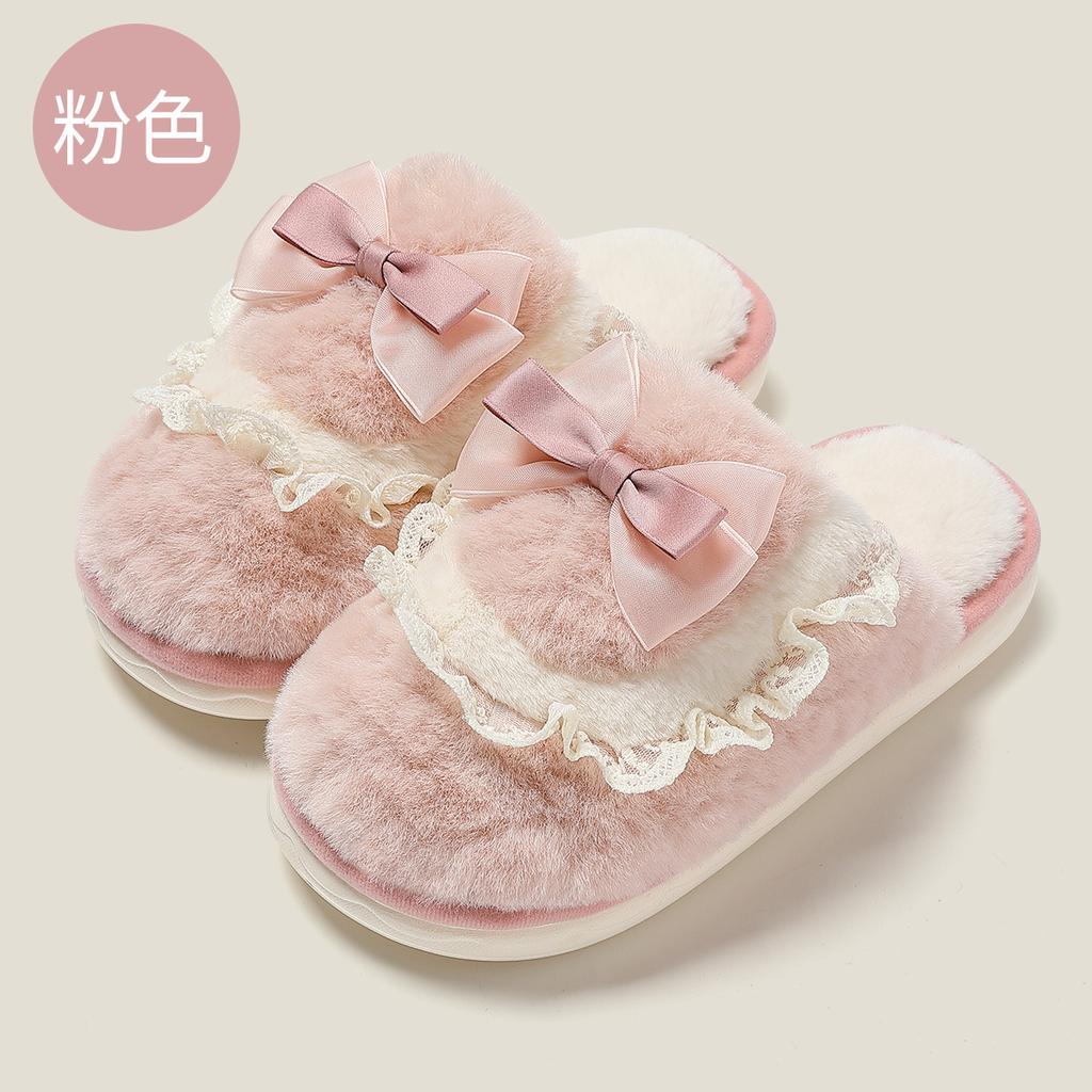 Bow-tie fluffy slippers women's winter couple indoor home household men's plush warm winter fluffy slippers men