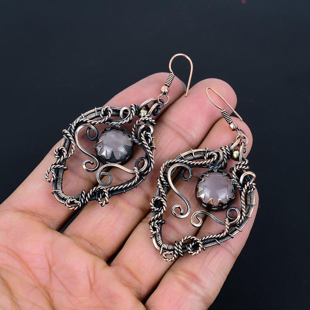 Rose Quartz 999 Copper Wire Wrapped Earrings, Handmade Gemstone Earrings Jewelry, Gifts For Wife Brand New Earrings