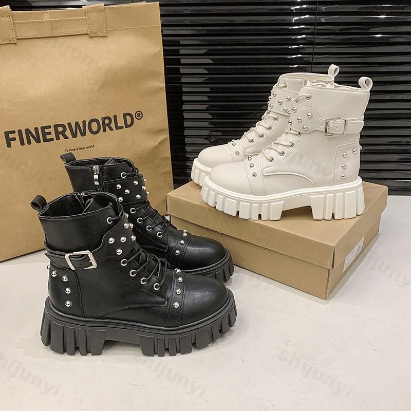 Women Ankle Boots 2026 Autumn Platform Belt Buckle Female Short Boots Thick Sole Lace Up Rivet Zipper Fashion Ankle Boots Botas