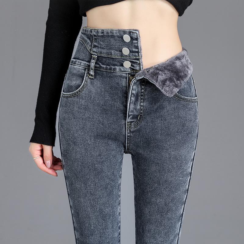 Fleece-Lined High Waist Skinny Jeans: Autumn/Winter Slimming Korean Style Women's Pants