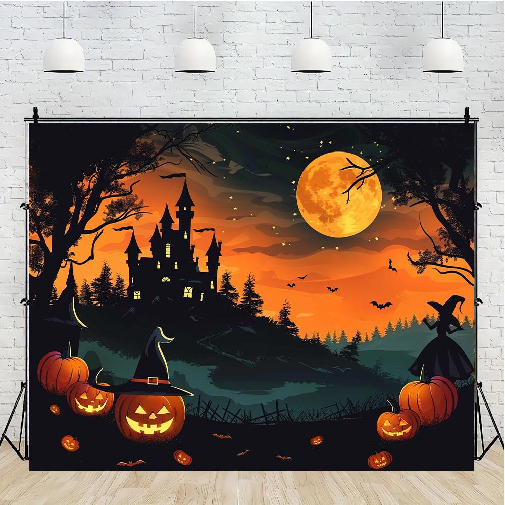 1Pcs Halloween themed photography background  castle pumpkin bats in the moonlight background