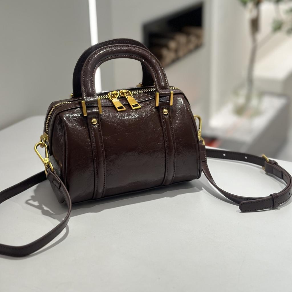 Borsa da Donna in Vera Pelle con Sensazione di Alta Gamma, Borsa Piccola in Pelle di Vacchetta a Strati Baotou Boston, Borsa a Tracolla, Borsa a Mano in Pelle Cerata ad Olio