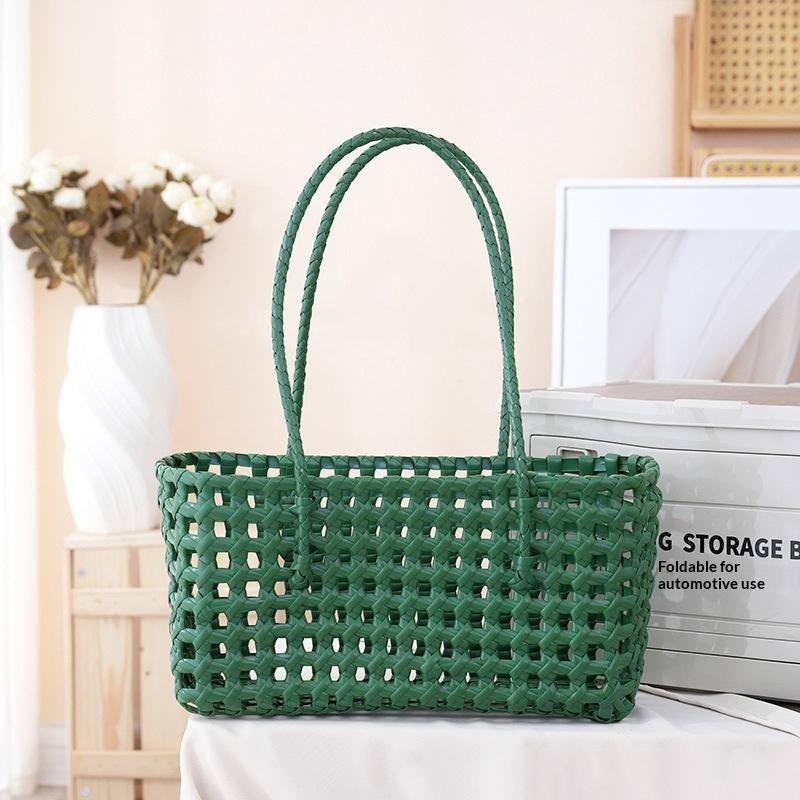 Handgefertigte Plastik-Hohlgeflecht-Tasche Landhausstil Große Kapazität Strand-Tragetasche Eimer-Tasche Damen-Handtasche Sommer-Strandtasche