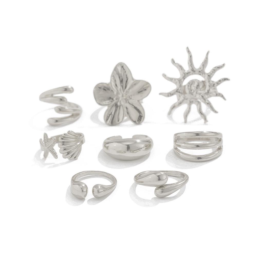Ocean vacation style conch fan shell ring set ins style metal flower opening ring for women