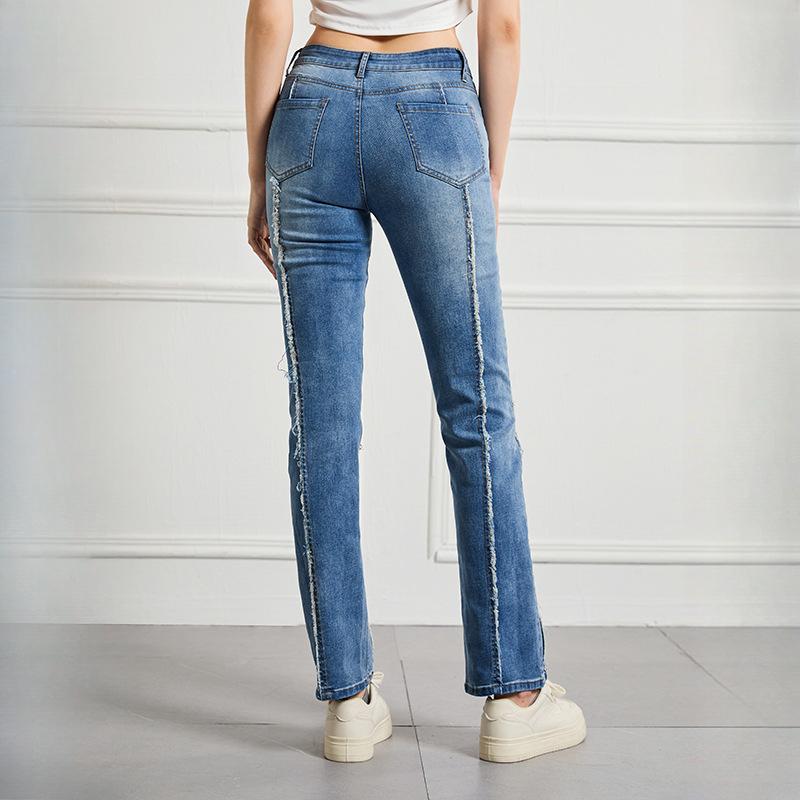 GMXIA Damen Jeans Slim High-Waist Hohe Elastische Hose Große Größe Damenhose Roher Rand Spleiß