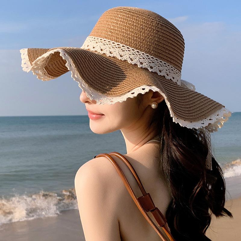 Summer Straw Hat Women's New Wave Lace Sunshade Hat Beach Vacation Travel Face Covering Sun Hat